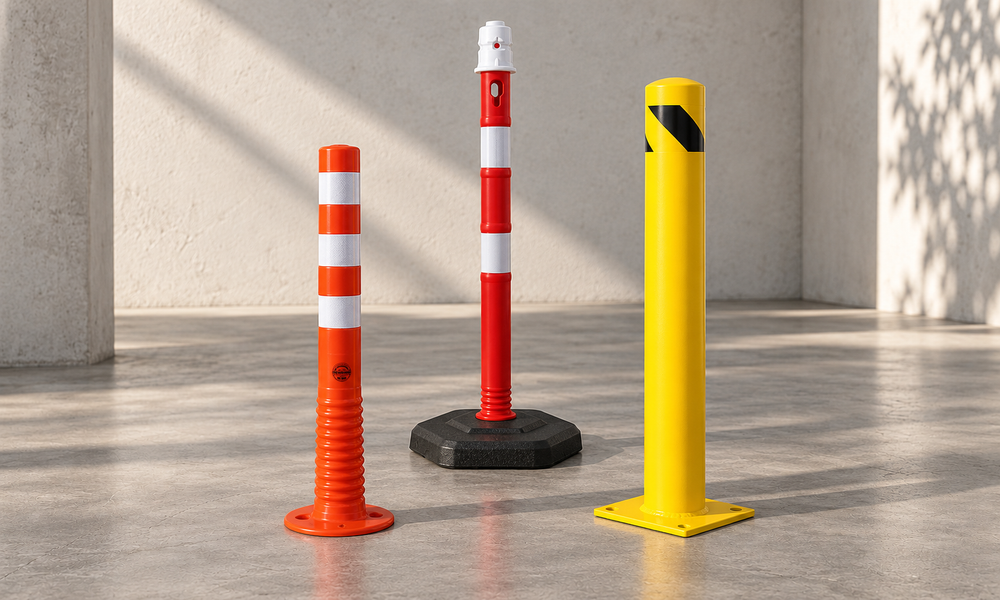 Orange and red reflective delineator posts beside a yellow steel safety bollard