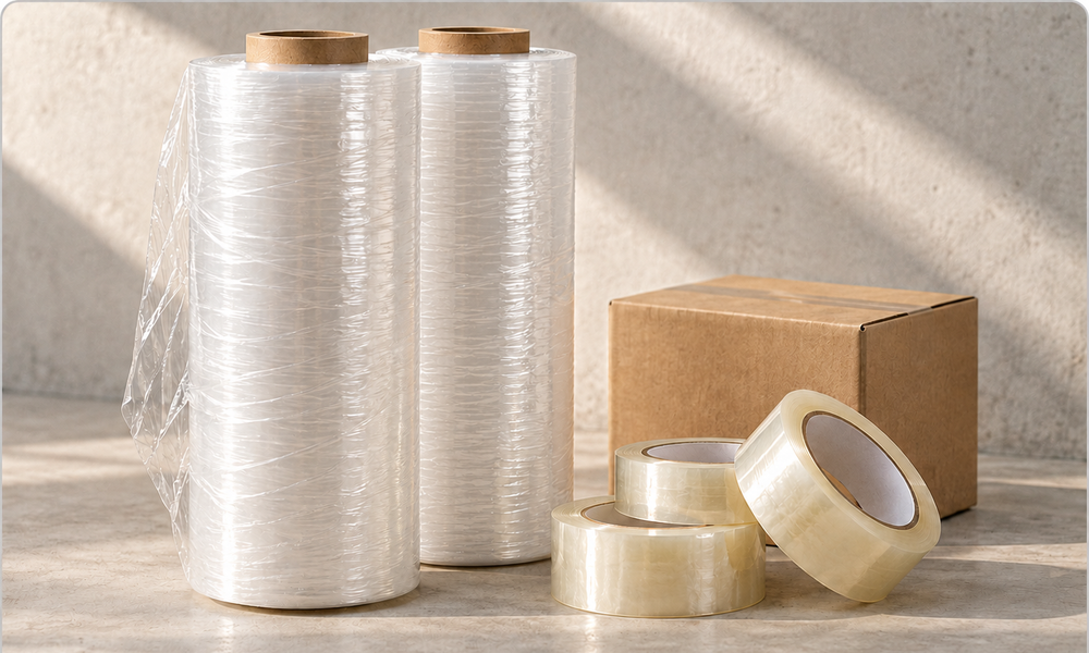 Clear stretch wrap rolls and packing tape beside a cardboard carton
