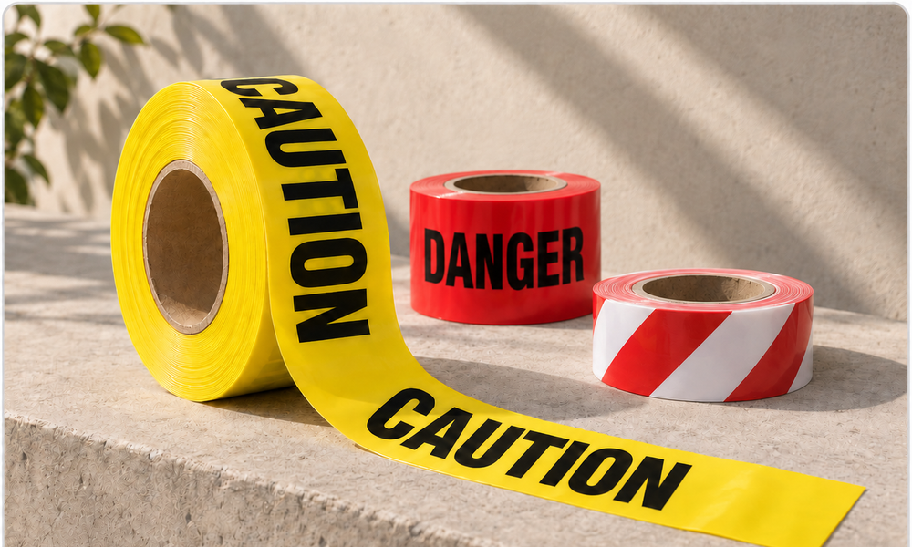 Yellow caution tape, red danger tape and red-and-white barrier tape