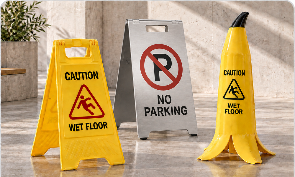 Yellow wet floor signs with a silver No Parking A-frame sign