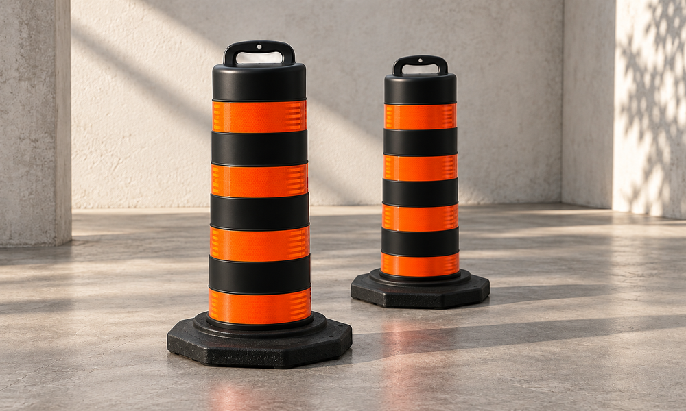 Black traffic barrels with orange reflective bands and weighted rubber bases