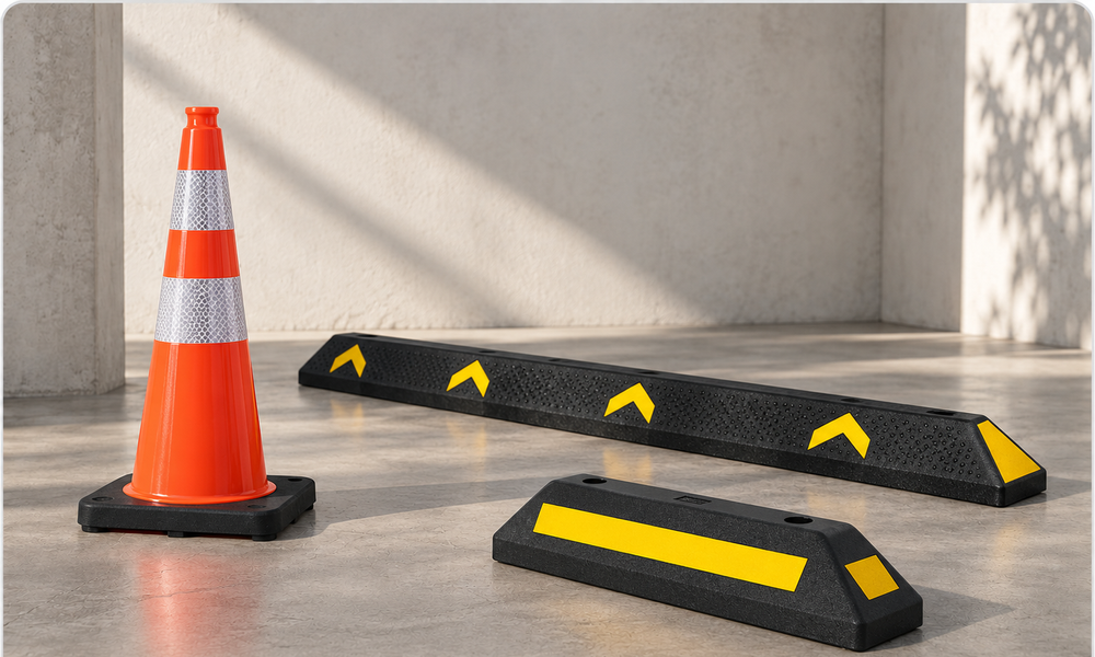 Traffic cone with long and short reflective wheel stops