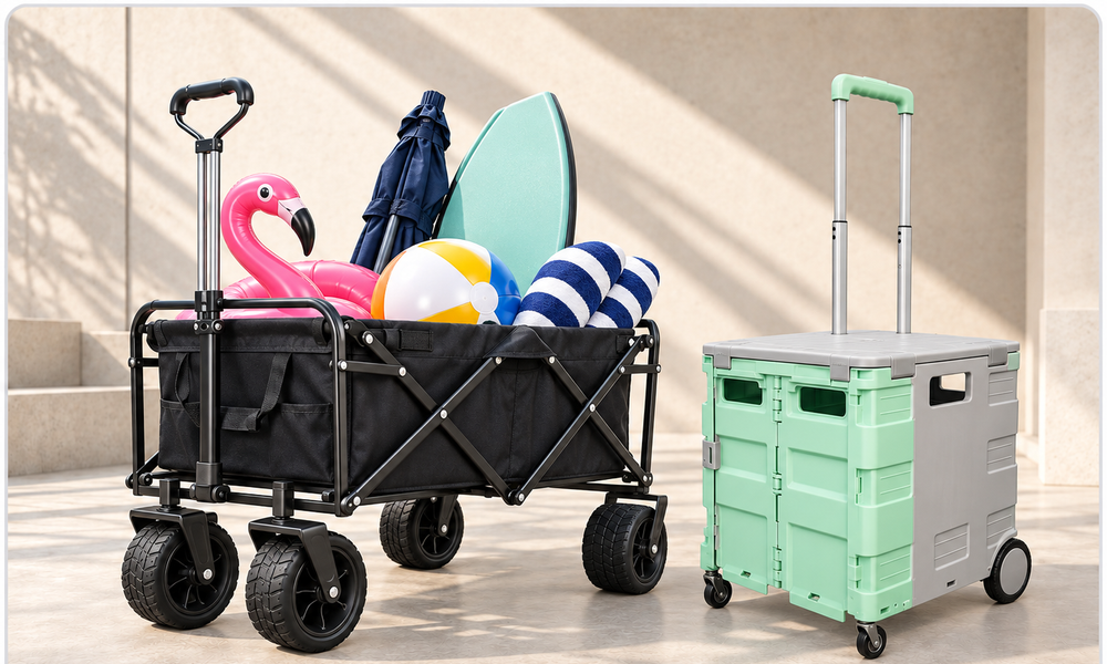 Black wagon filled with beach accessories beside a grey-and-mint folding shopping cart