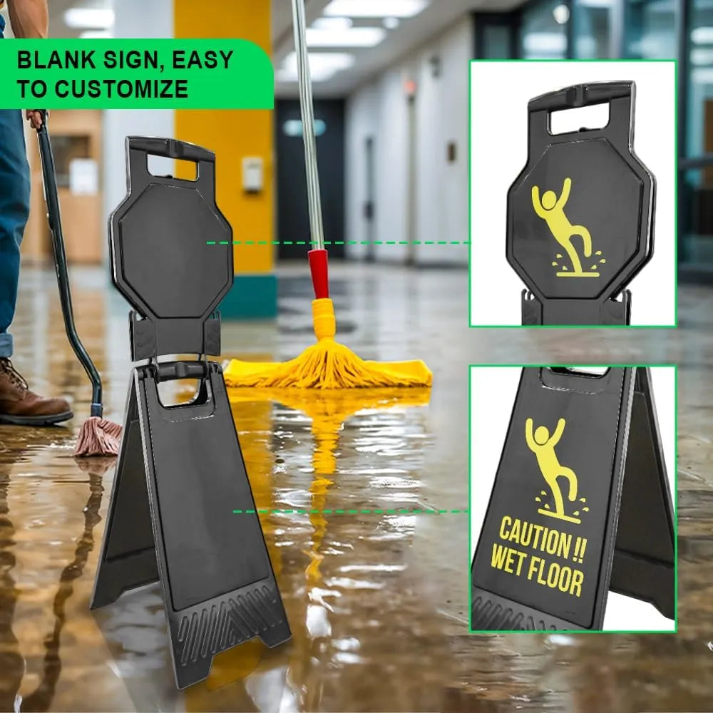 Blank wet floor sign with customizable text on a wet floor