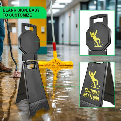 Blank wet floor sign with customizable text on a wet floor