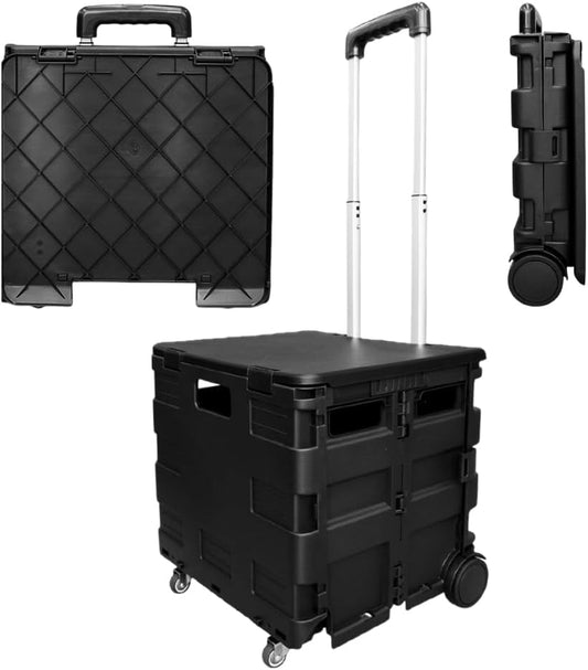 Berry 40KG Foldable Utility Cart - Black, Portable Rolling Crate with Lid