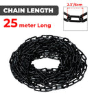 Black chain with a length of 25 meters on a white background