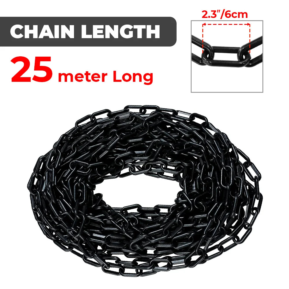 Black chain with a length of 25 meters on a white background