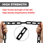 Black chain held by hands with text highlighting high tensile strength and HDPE material.