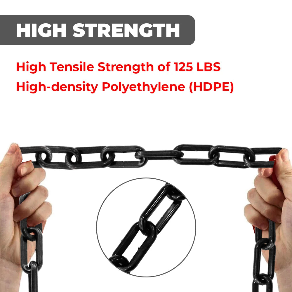 Black chain held by hands with text highlighting high tensile strength and HDPE material.