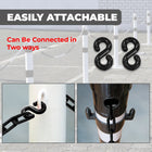 Black easily attachable hooks with text on a gray background