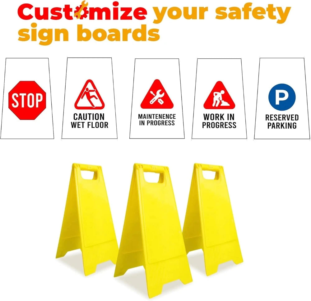 Yellow safety sign stands with customizable warning signs on a white background