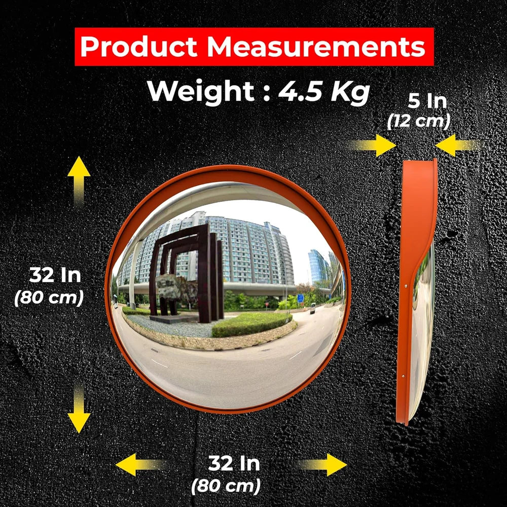 orange outdoor convex mirror for blind spot safety and awareness
