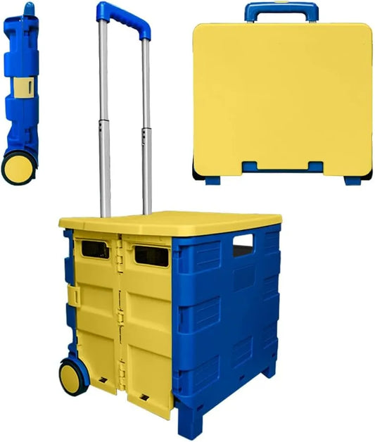 Berry 40KG Foldable Shopping Trolley, Plastic Trolley Cart with 2 Wheels and Lid, Portable Cart, Blue and Yellow