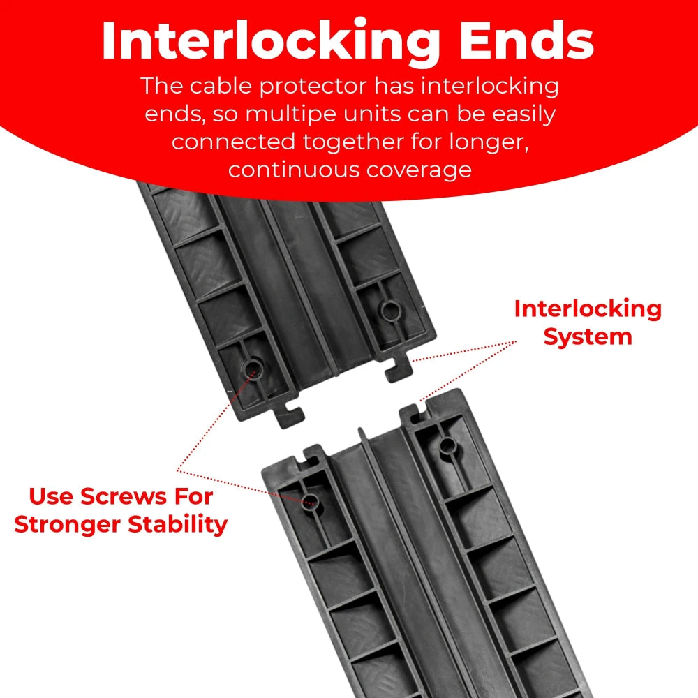 Cable protector with interlocking ends and screws for stability