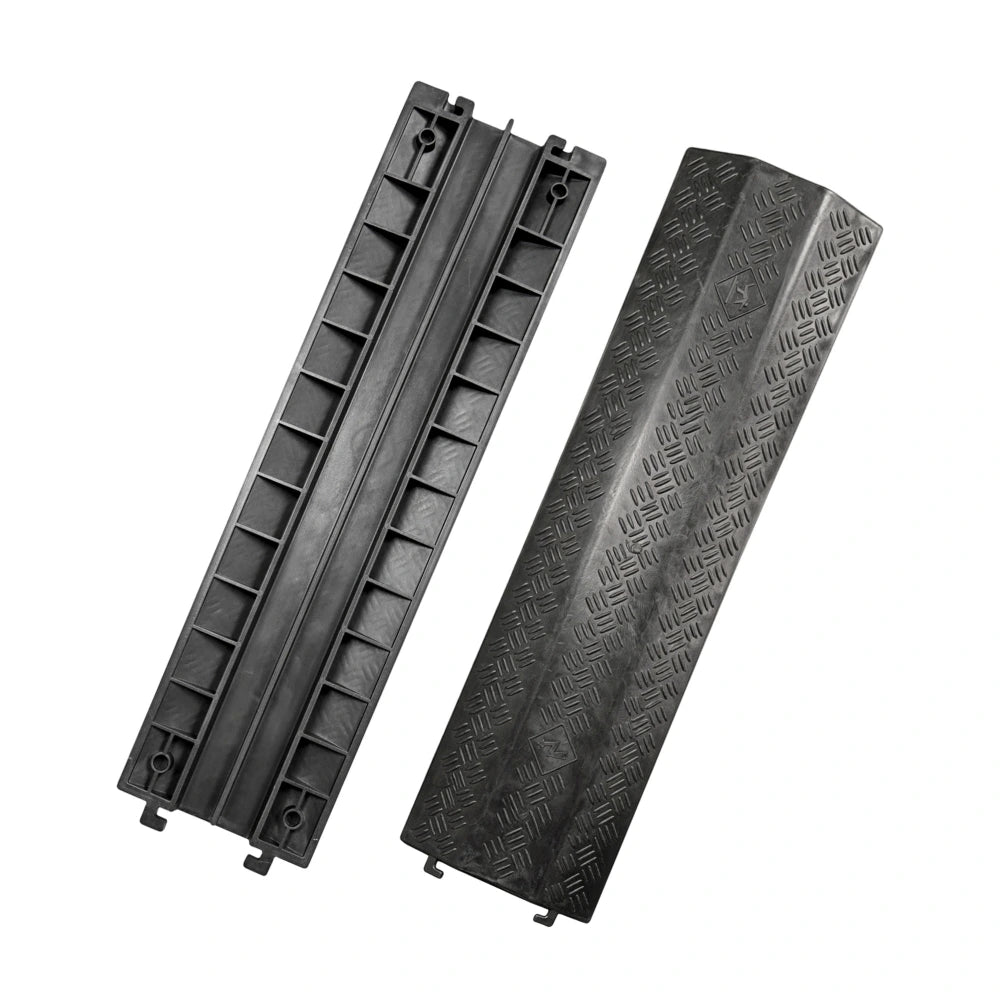 Two black cable ramp with textured surface on a white background