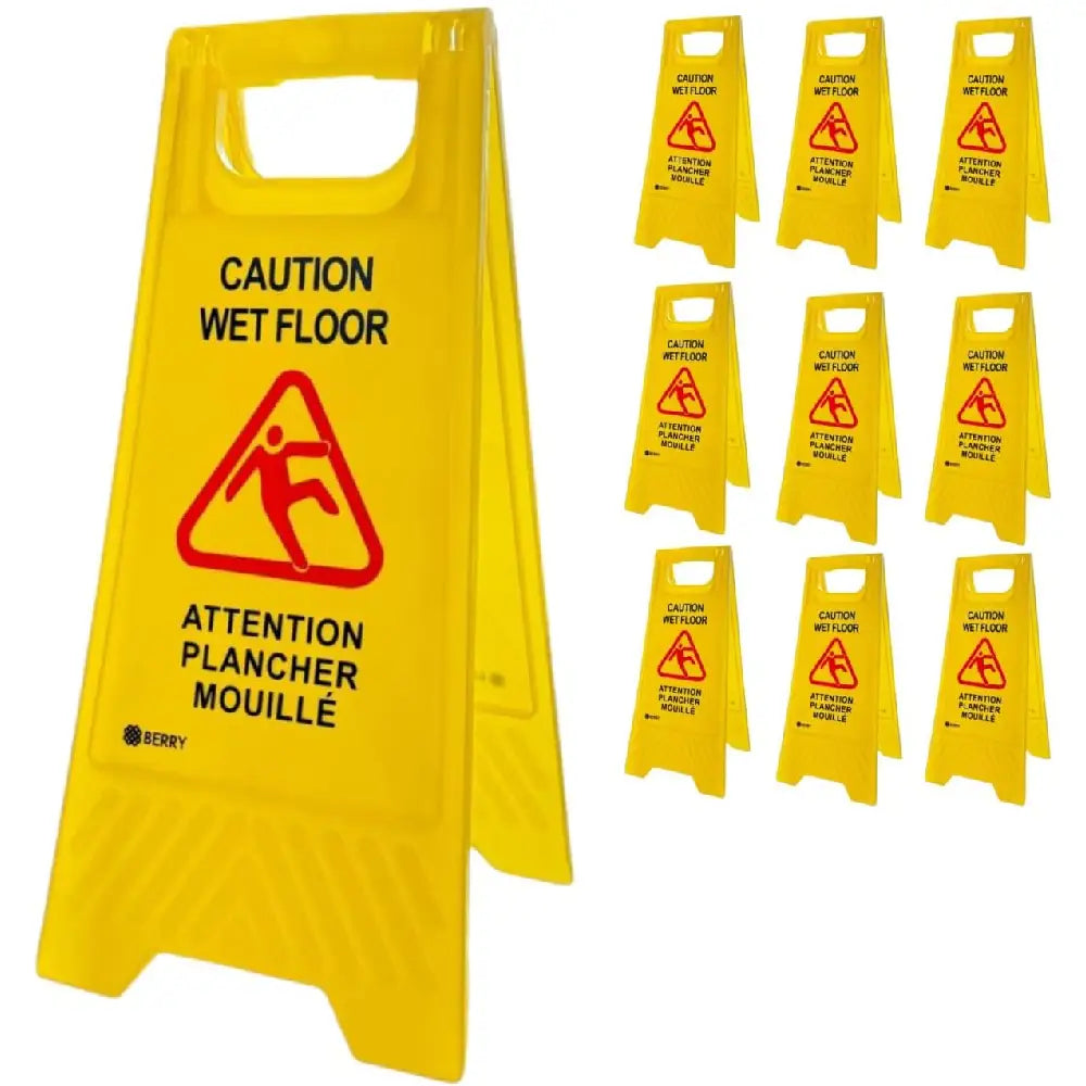 Caution Wet Floor Sign - Yellow | Plastic Slippery Floor Warning Sign English and French