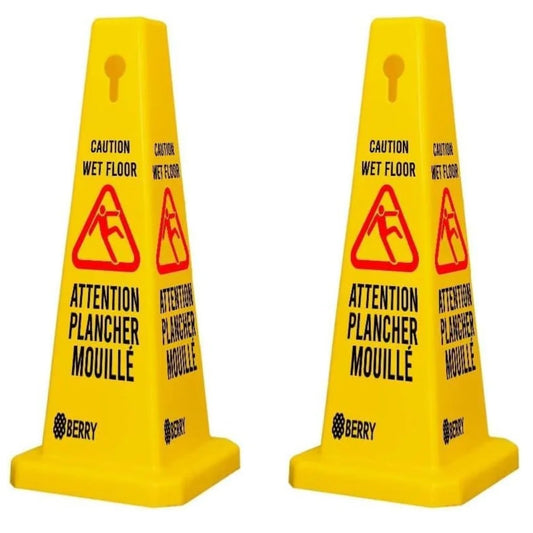 Caution Wet Floor Safety Cone - Yellow, Attention Plancher Mouillé Sign - 2Pcs Set