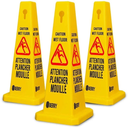 Caution Wet Floor Safety Cone - Yellow, Attention Plancher Mouillé Sign - 3Pcs Set