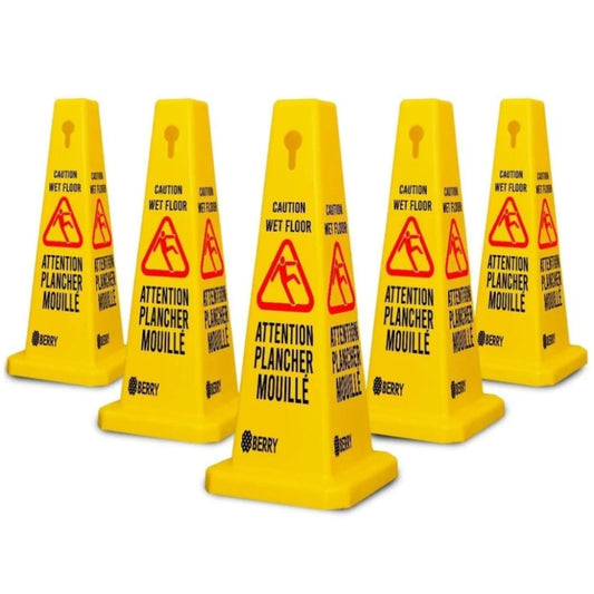 Caution Wet Floor Safety Cone - Yellow, Attention Plancher Mouillé Sign - 5Pcs Set