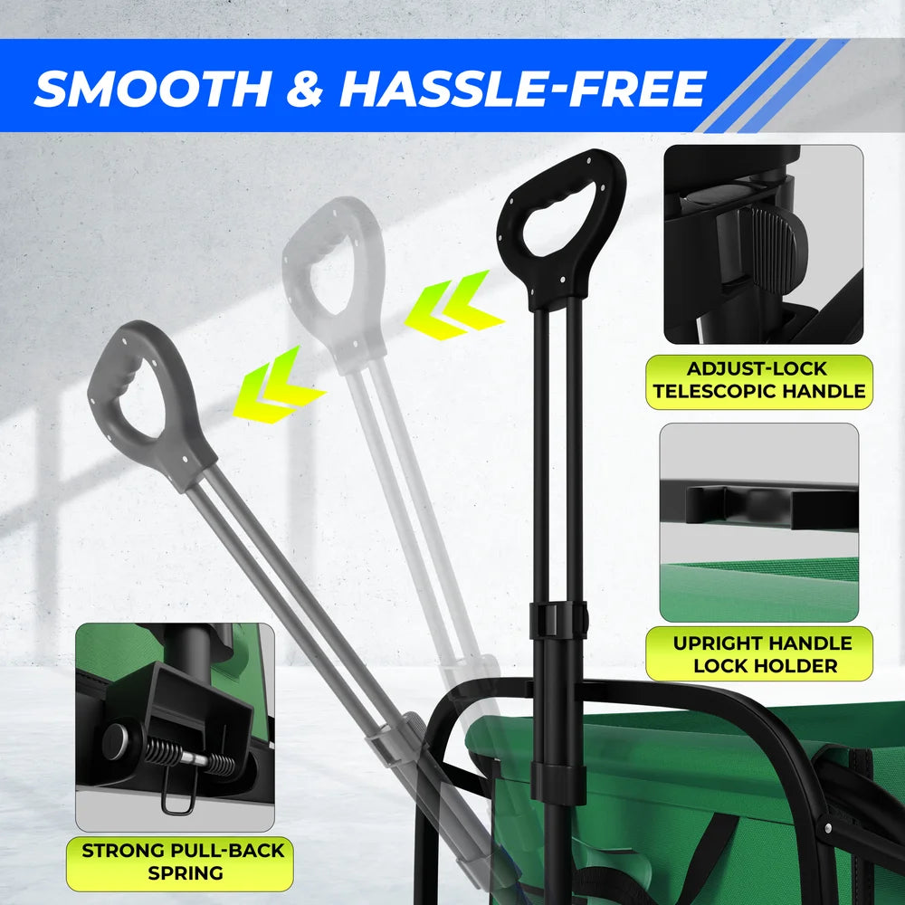 green collapsible outdoor utility cart for camping and travel