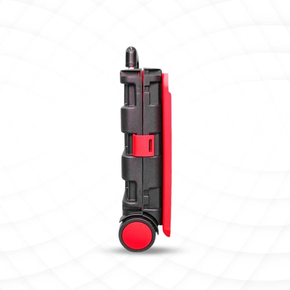 red and black collapsible shopping trolley for easy storage