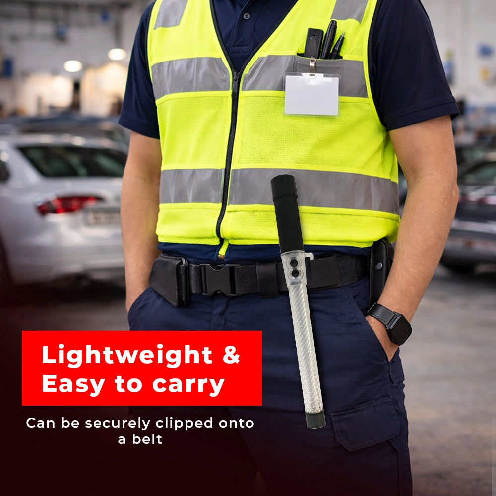Person wearing a high-visibility vest with a tool, set against 