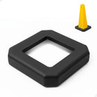 Black square cone base with a yellow traffic cone