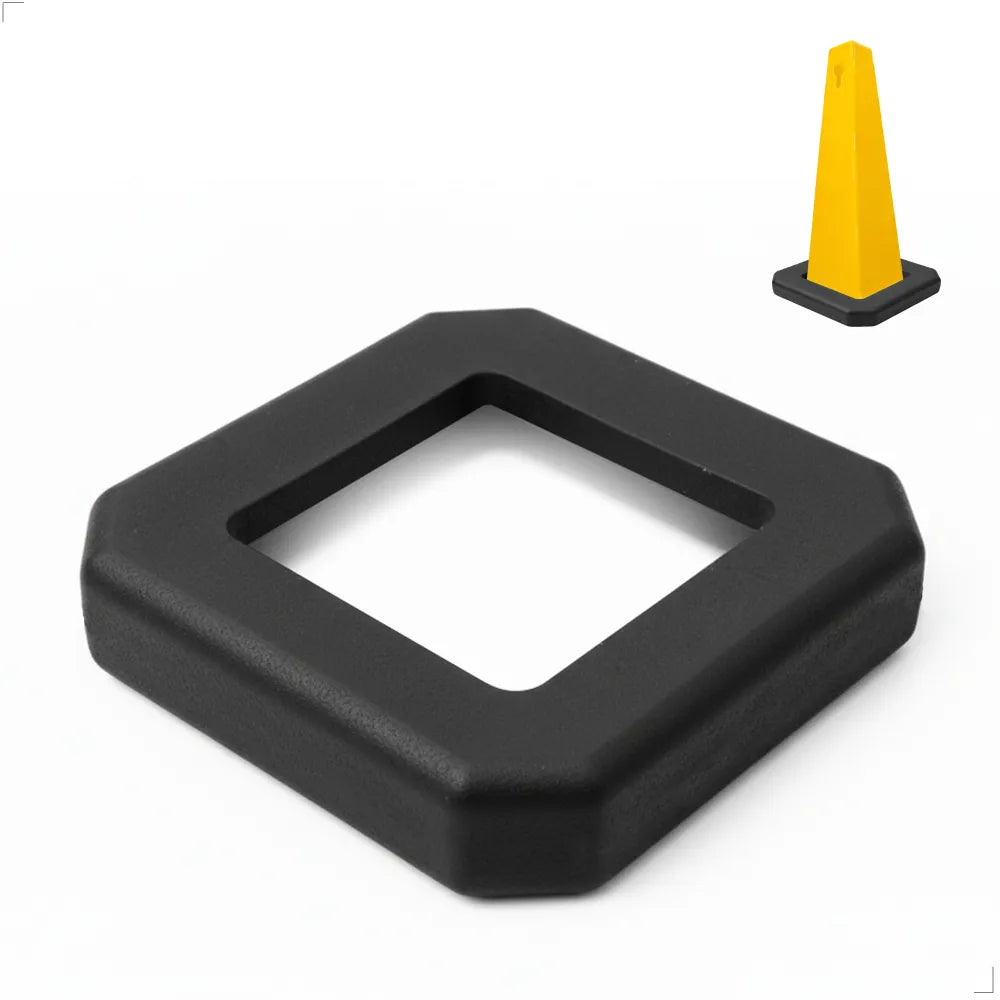 Black square cone base with a yellow traffic cone