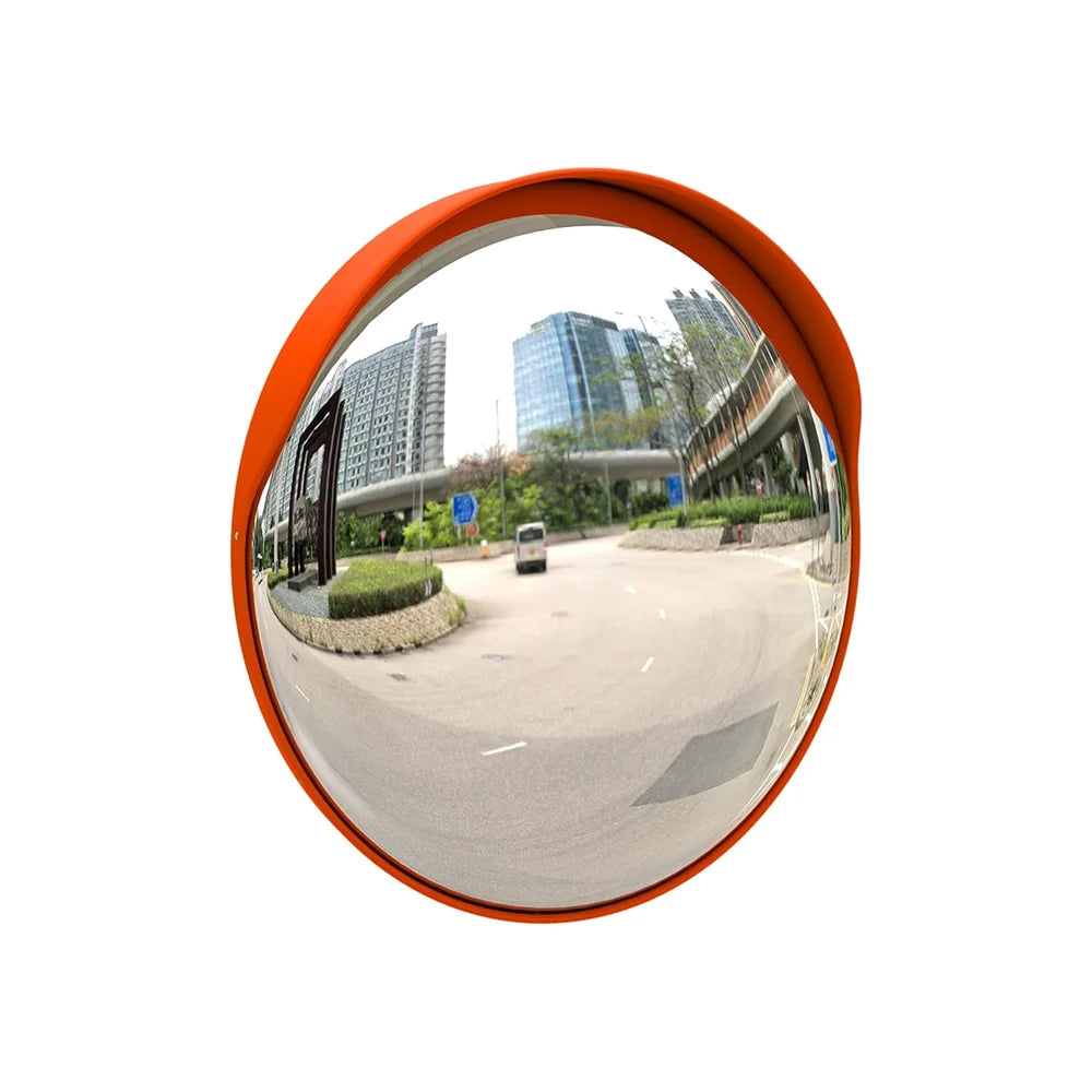 orange convex safety mirror for outdoor visibility and monitoring