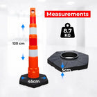 Orange traffic post with measurements and weight displayed 