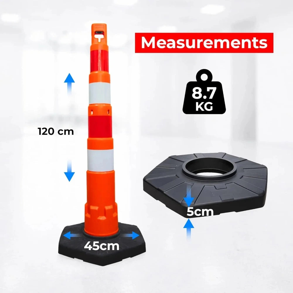 Orange traffic post with measurements and weight displayed 