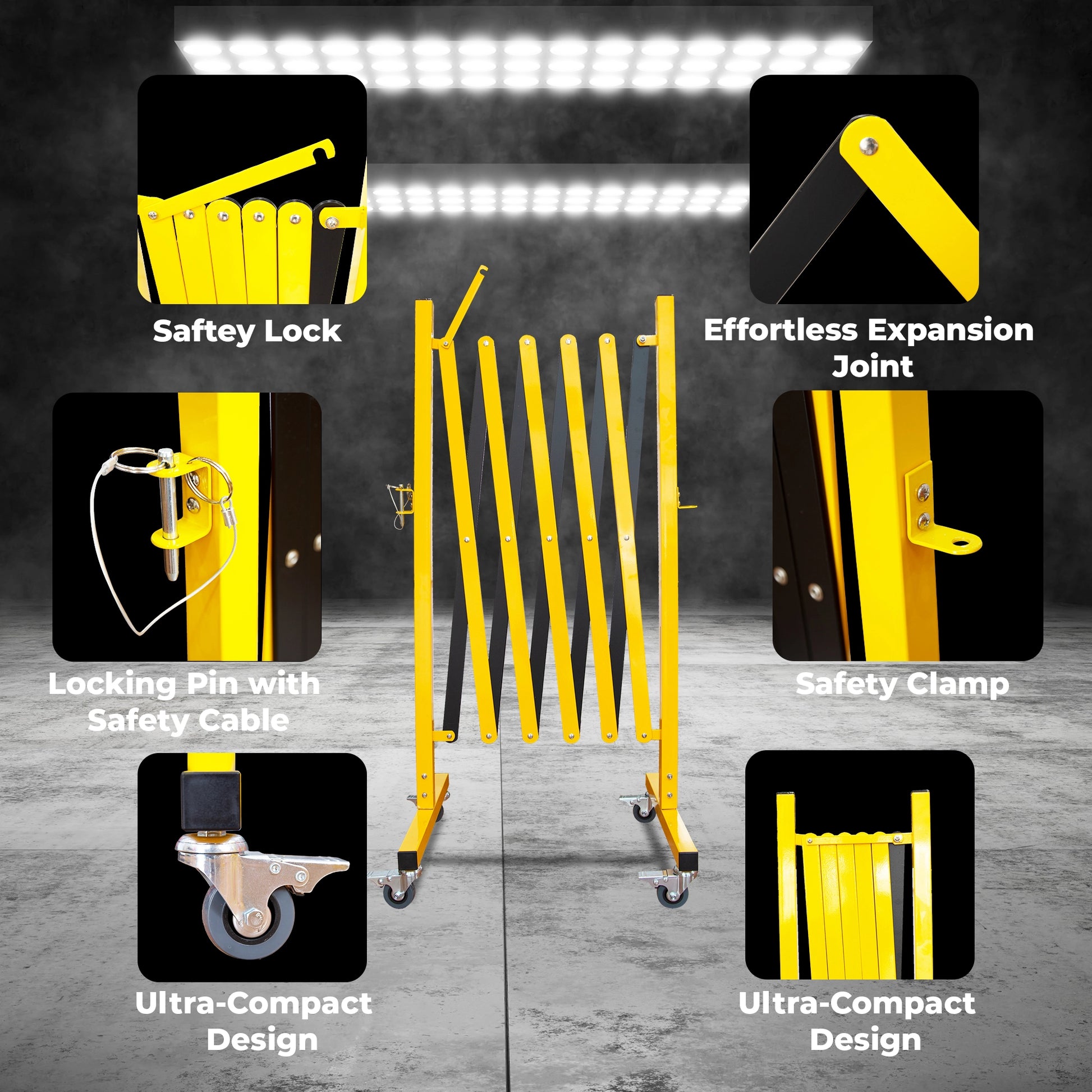 Yellow safety barrier with labeled features