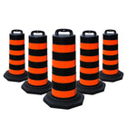 Set of five black and orange striped traffic barrel 