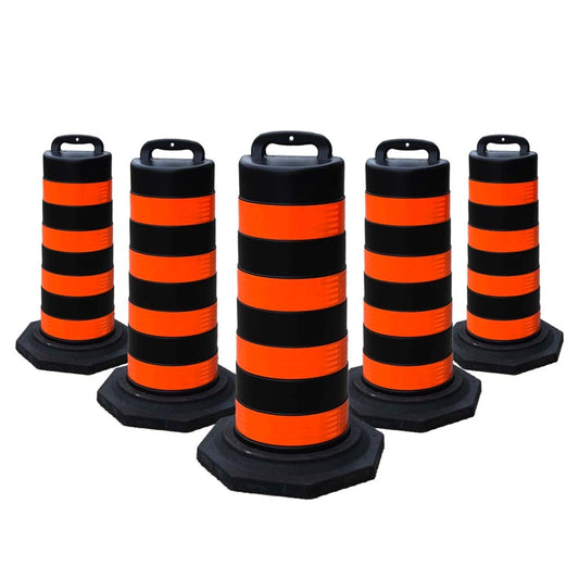 Set of five black and orange striped traffic barrel 