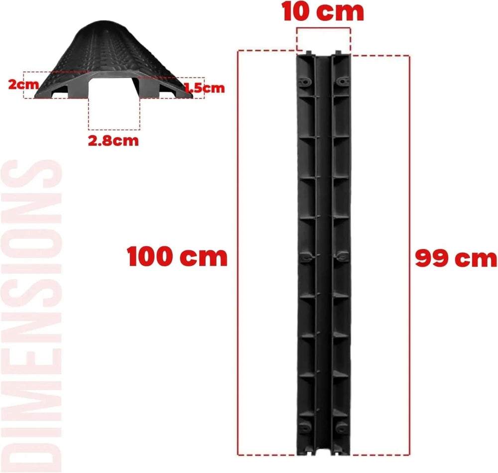 Black plastic cable protector with dimensions 