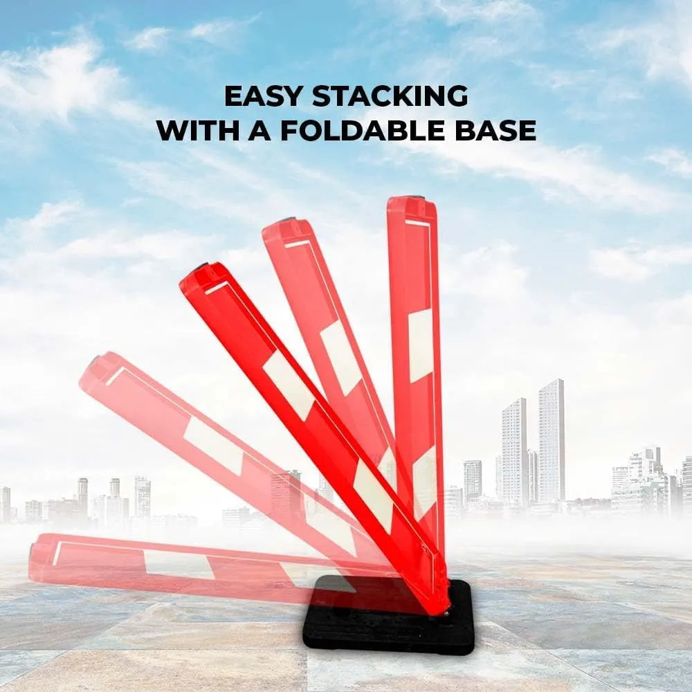 Red and white barrier with a foldable base