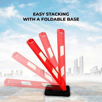 Red and white barrier with a foldable base