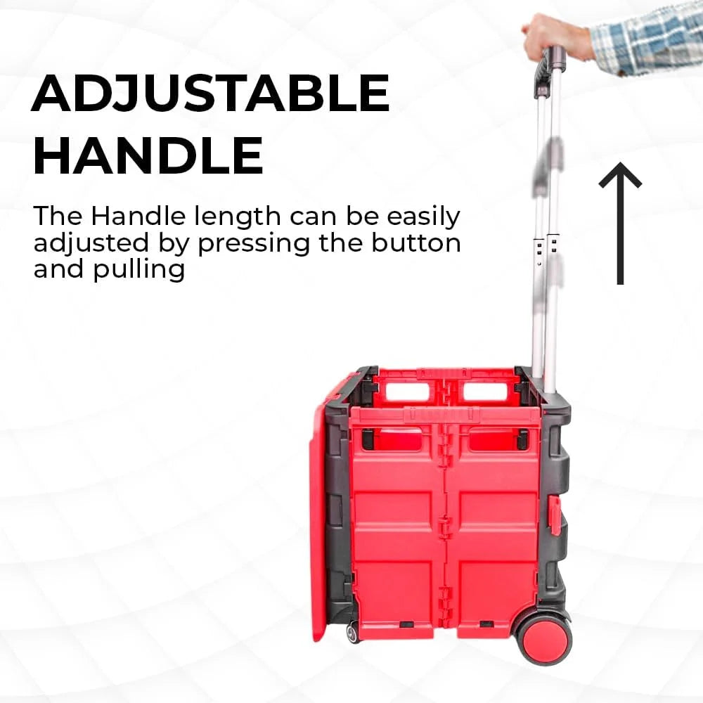 red and black shopping trolley with four wheels for smooth movement