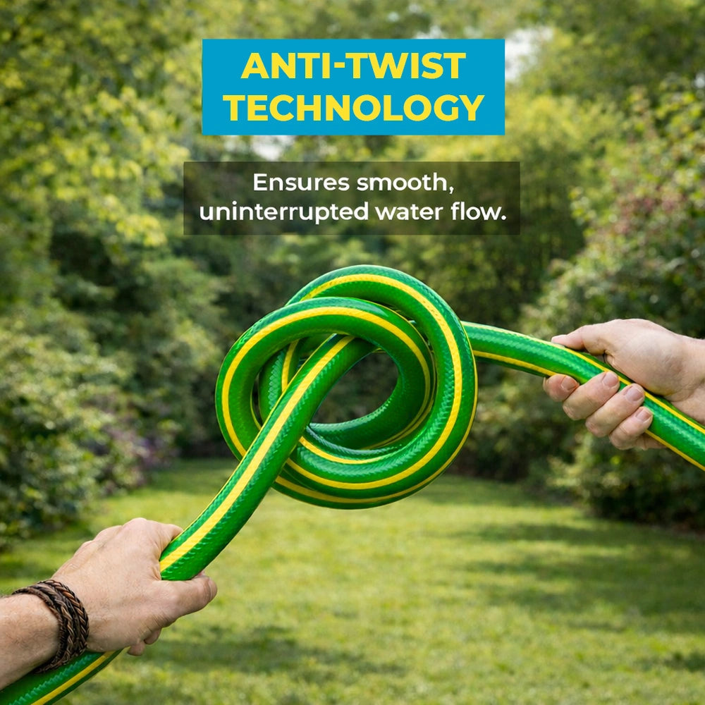 Green garden hose with yellow stripes being twisted,