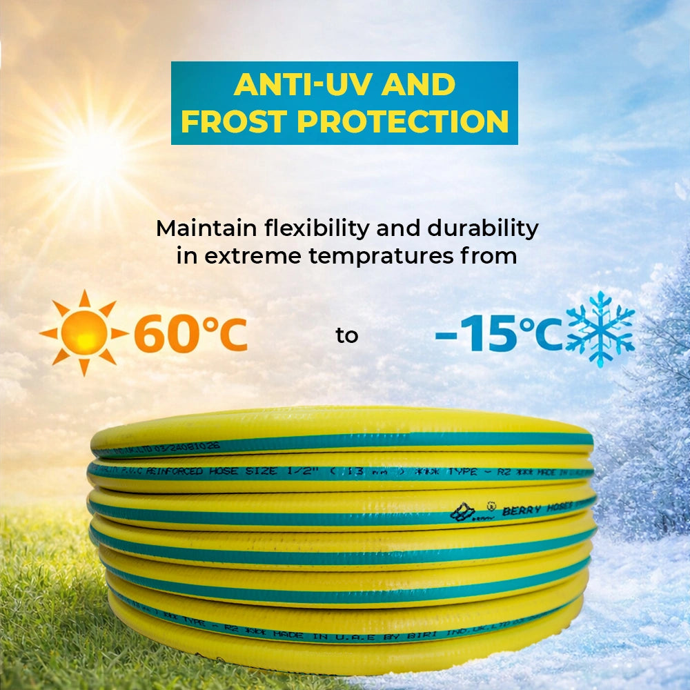 Yellow garden hose with text about anti-UV and frost protection