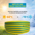Yellow garden hose with text about anti-UV and frost protection