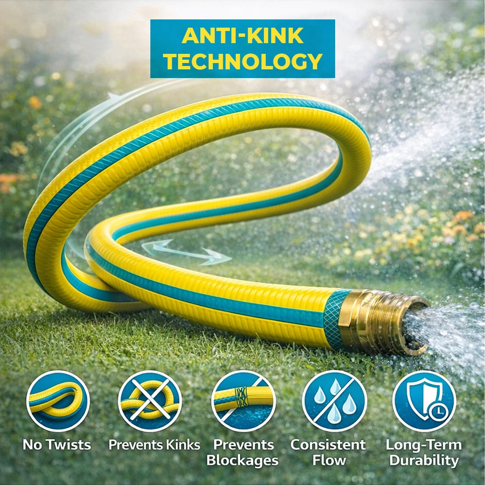 Yellow and blue garden hose with anti-kink technology on grass