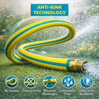 Yellow and blue garden hose with anti-kink technology on grass