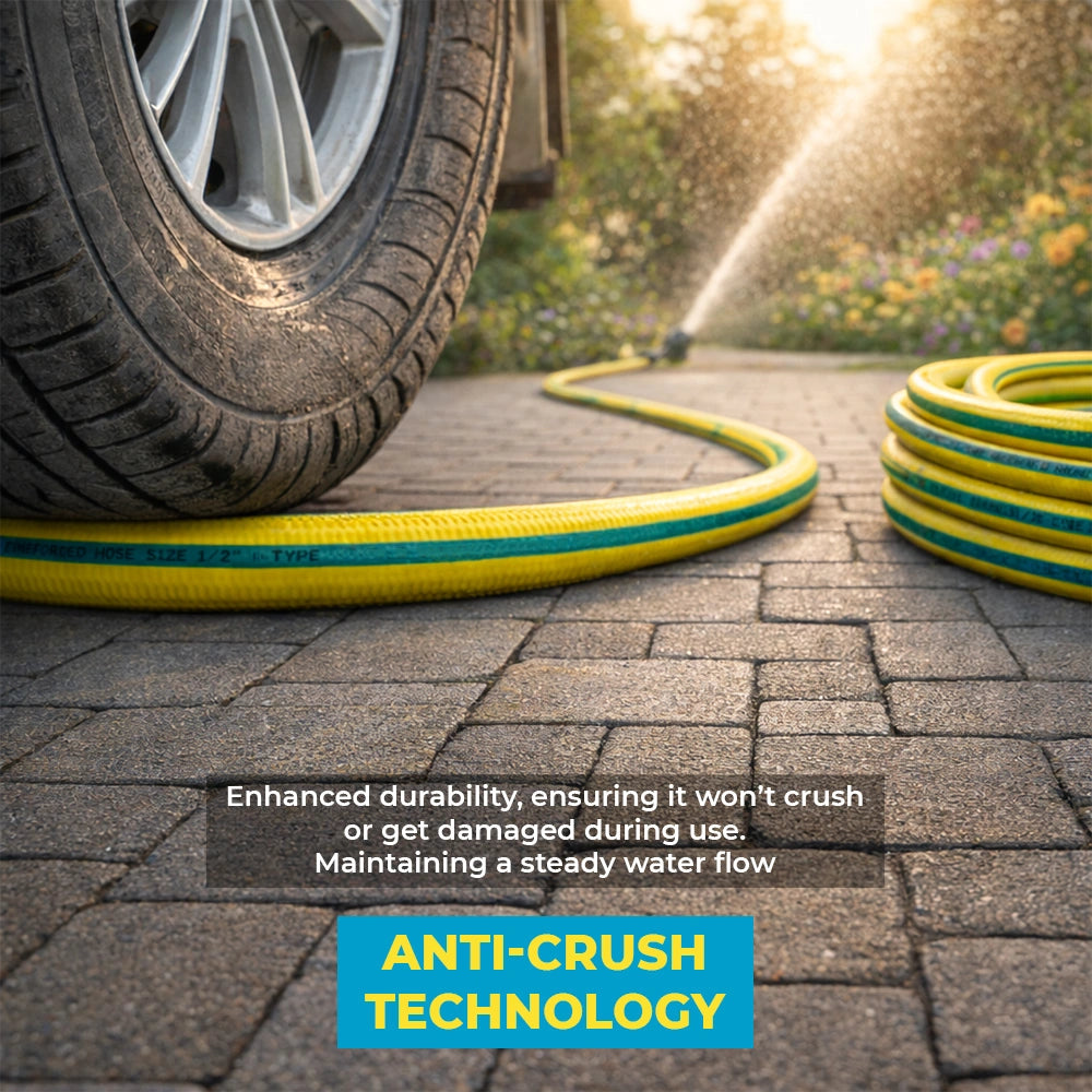 Green garden hose with anti-crush technology 