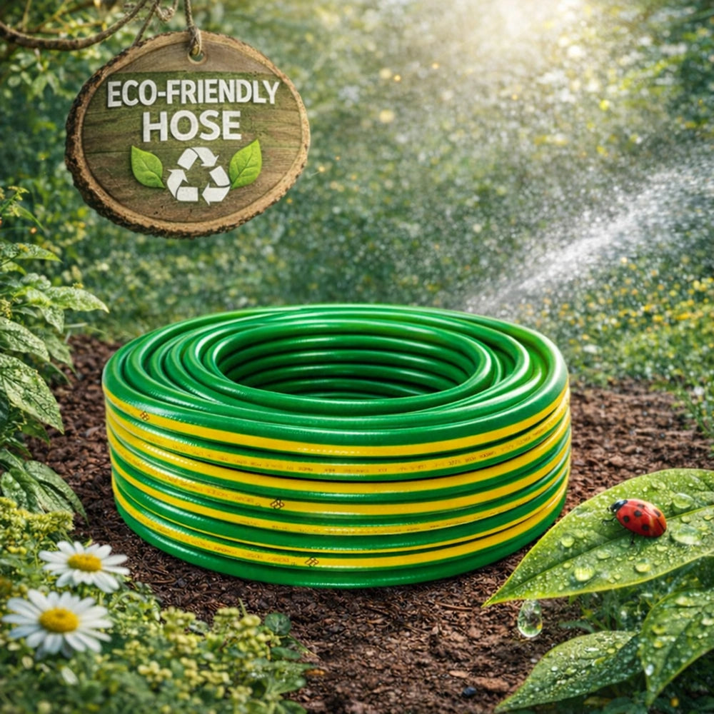 Roll of green and yellow eco-friendly hose 