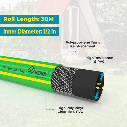 Green garden hose with technical details