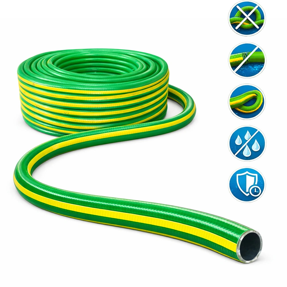 Green and yellow garden hose with features icons on a white background