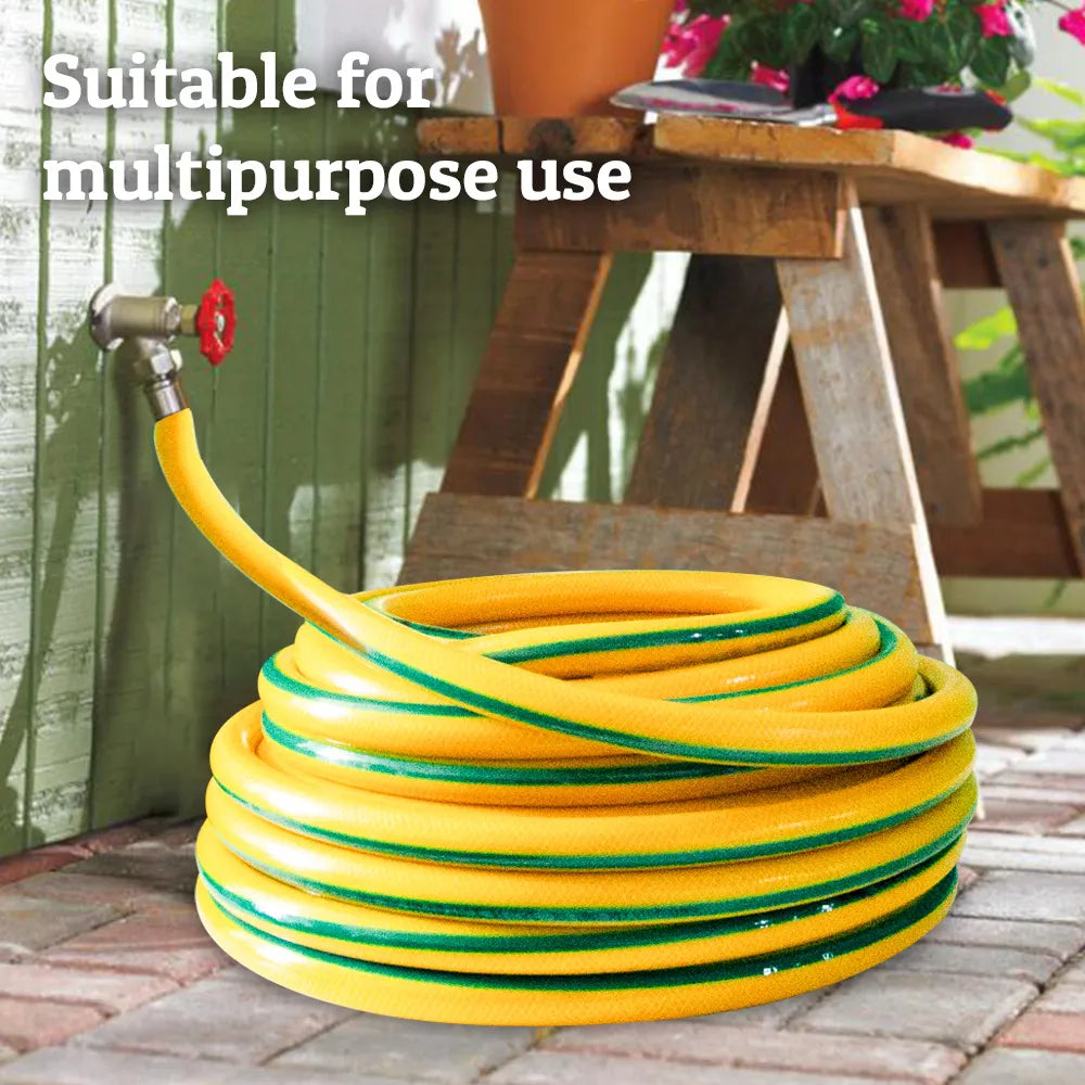 Yellow and green garden hose coiled on a patio with text 'Suitable for multipurpose use'.