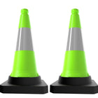 Two green traffic cones with reflective silver bands.